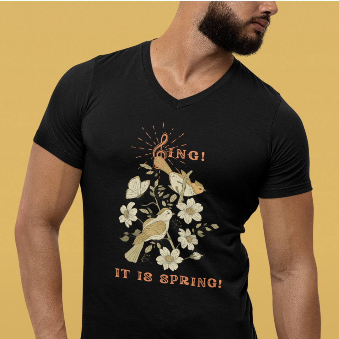 SING IT IS SPRING UNISEX V NECK T SHIRT GIFT WITH ORANGE FONT