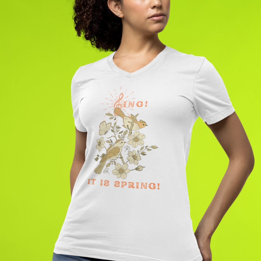 SING IT IS SPRING UNISEX V NECK T SHIRT GIFT WITH ORANGE FONT