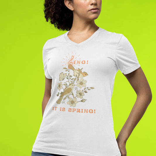 SING IT IS SPRING UNISEX V NECK T SHIRT GIFT WITH ORANGE FONT
