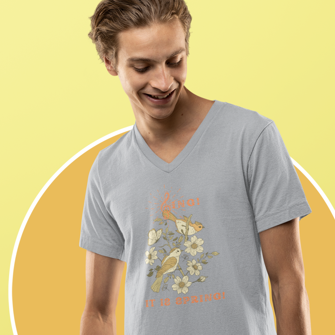 SING IT IS SPRING UNISEX V NECK T SHIRT GIFT WITH ORANGE FONT