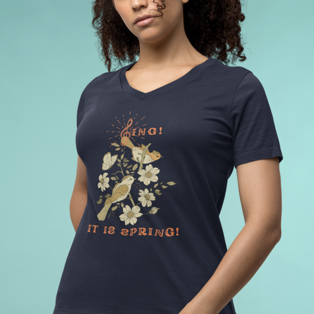 SING IT IS SPRING UNISEX V NECK T SHIRT GIFT WITH ORANGE FONT