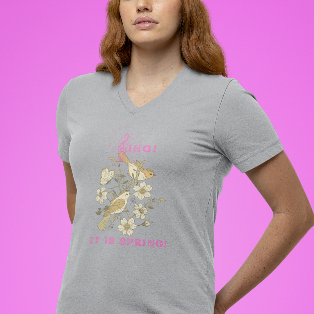 SING IT IS SPRING UNISEX V NECK  T SHIRT GIFT WITH PINK FONT