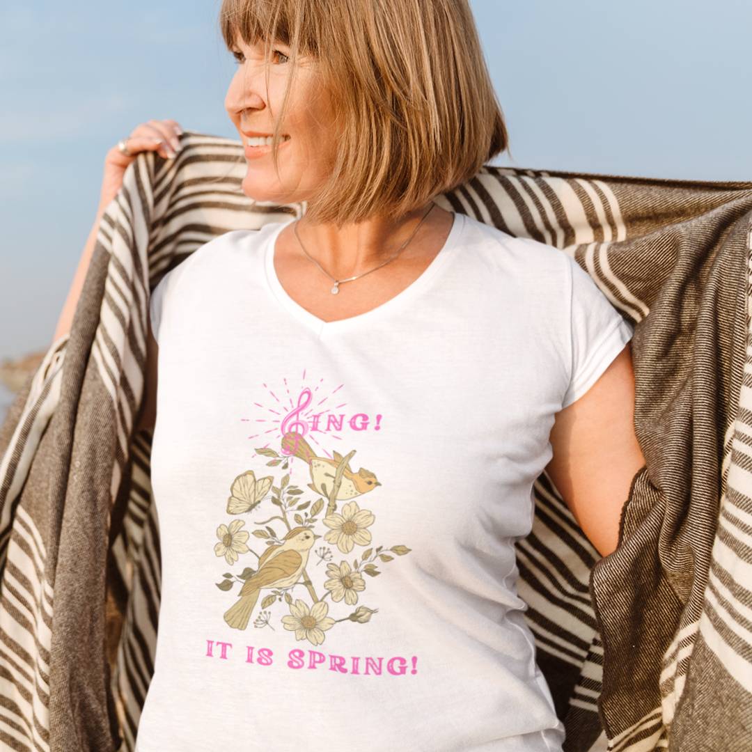 SING IT IS SPRING UNISEX V NECK  T SHIRT GIFT WITH PINK FONT