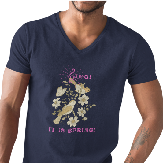 SING IT IS SPRING UNISEX V NECK  T SHIRT GIFT WITH PINK FONT