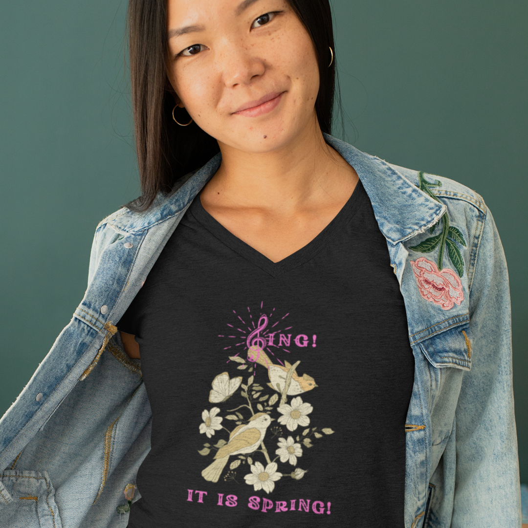 SING IT IS SPRING UNISEX V NECK  T SHIRT GIFT WITH PINK FONT