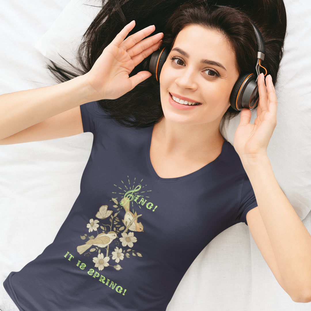 SING THIS IS SPRING UNISEX V  NECK  T SHIRT GIFT WITH GREEN FONT